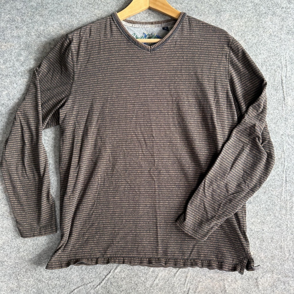Robert Graham Shirt Mens Large Brown Striped Long Sleeve V Neck Cotton Knit
